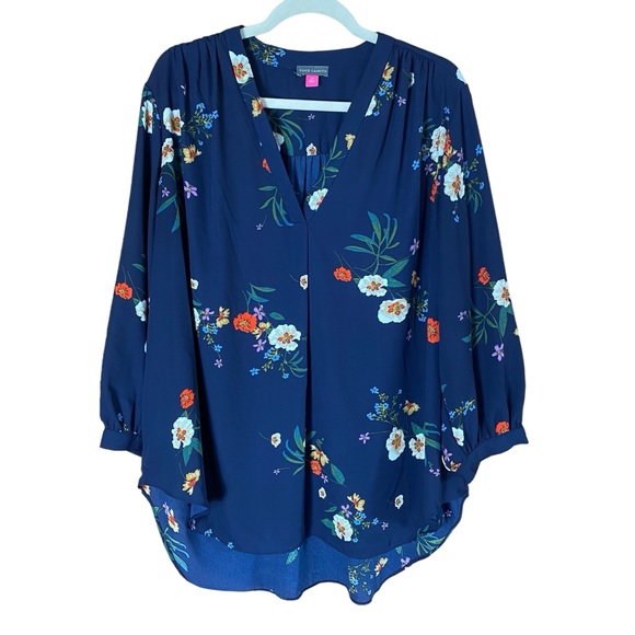Vince Camuto Womens Blue Floral Top Size 2X Blouse V Neck 3/4 Sleeve Hi Low - Picture 3 of 12